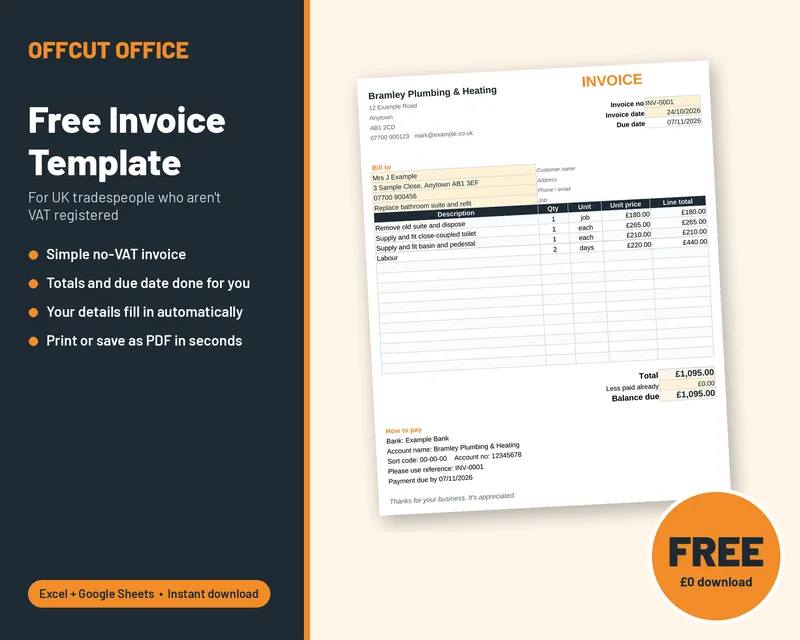 Free Invoice Template for Tradesmen UK: a sample no-VAT invoice