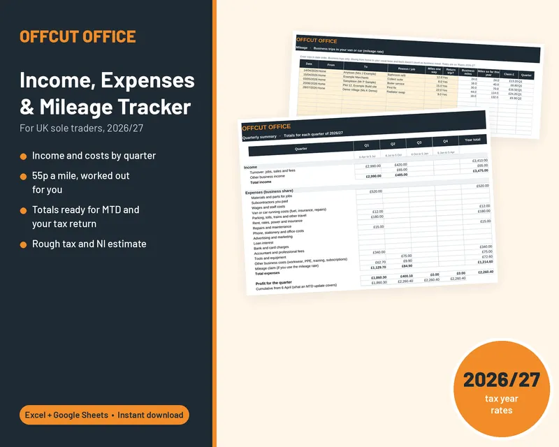 Income, Expenses and Mileage Tracker 2026/27: quarterly summary and mileage log