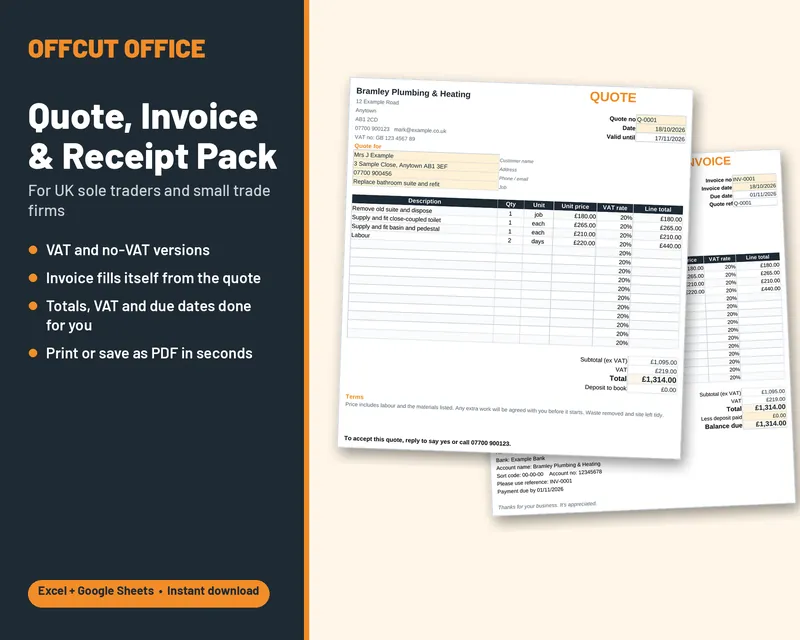 Quote, Invoice and Receipt Pack: a sample quote and invoice